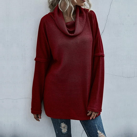 AOOCHASLIY Clearance Sweaters Women's Turtleneck Solid Color Sweater Long-sleeve Patchwork Slit Knitted Sweater