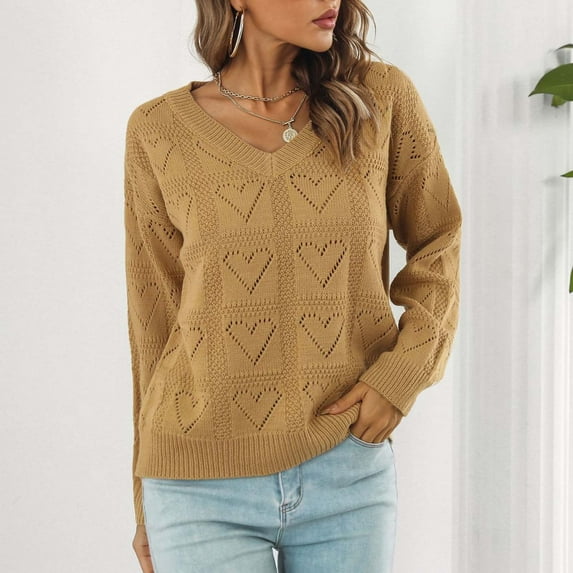 AOOCHASLIY Clearance Sweaters Women's V Neck Hollow Out Recreational Pullover Knitting Sweater Long Sleeve Tops