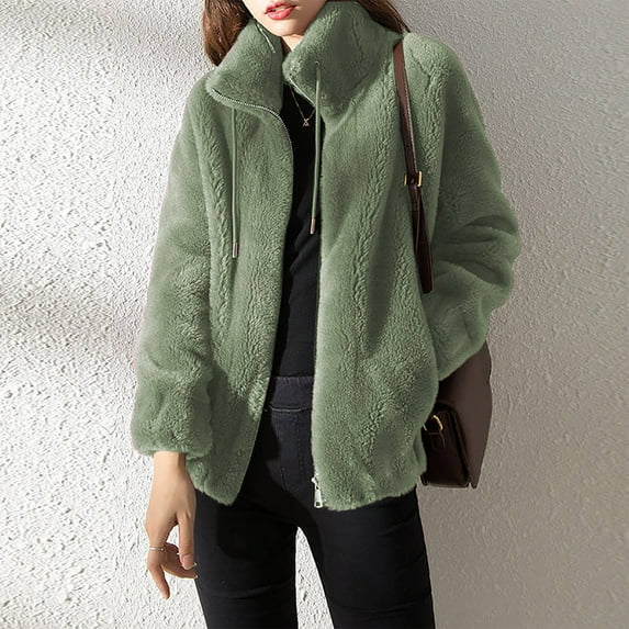 AOOCHASLIY Clearance Trendy Women Tops Women Standing Collar Warm Cardigan Zipper Fleece Tops Sweater Jacket Fashion Plush and Thick Coat