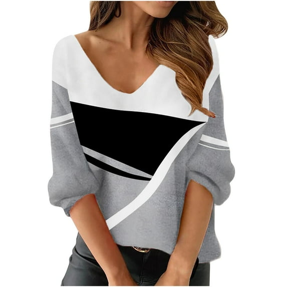 AOOCHASLIY Clearance Womens Blouses Long Sleeve Women Print Long Sleeve V-neck Blouse Pullover Tunic Tops Shirt
