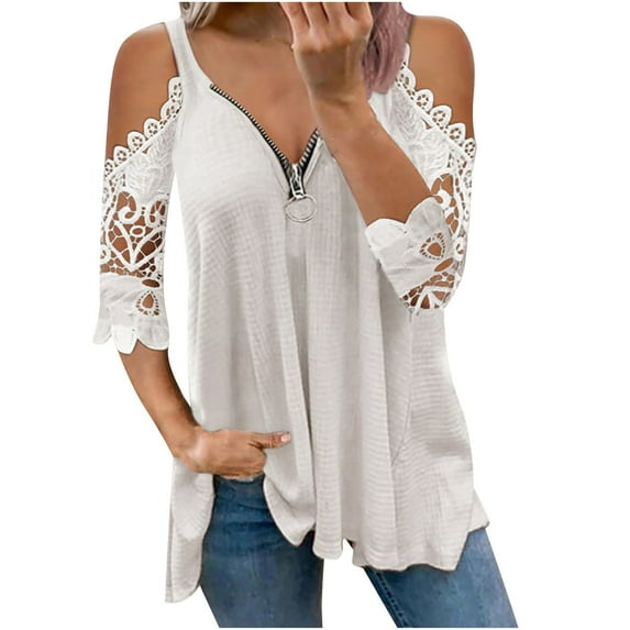 AOOCHASLIY Womens Blouses Short Sleeve Women Casual Half Sleeve V-Neck Zipper Hollow Out T-Shirt Blouse Tops