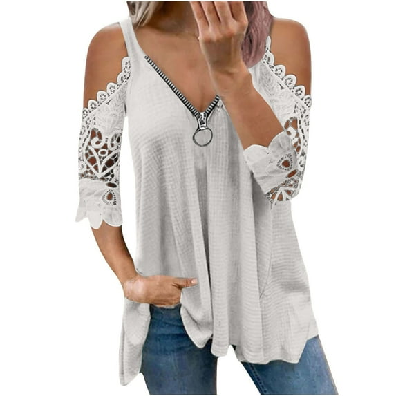 AOOCHASLIY Clothes Womens Blouses Short Sleeve Women Casual Soft Half Sleeve V-Neck Zipper Hollow Out T-Shirt Blouse Tops