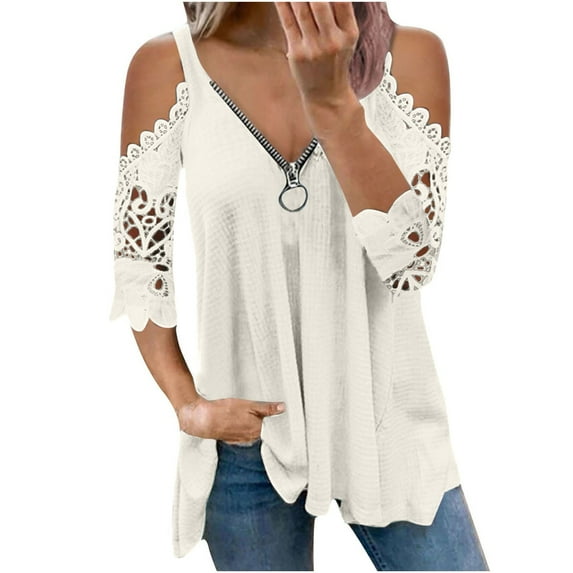 AOOCHASLIY Womens Blouses Short Sleeve Women Casual Half Sleeve V-Neck Zipper Hollow Out T-Shirt Blouse Tops
