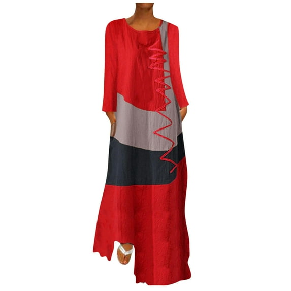AOOCHASLIY Clearance Womens Dresses Summer Women Plus Size Daily Long Sleeve Vintage Patchwork Bohemian O Neck Maxi Dress