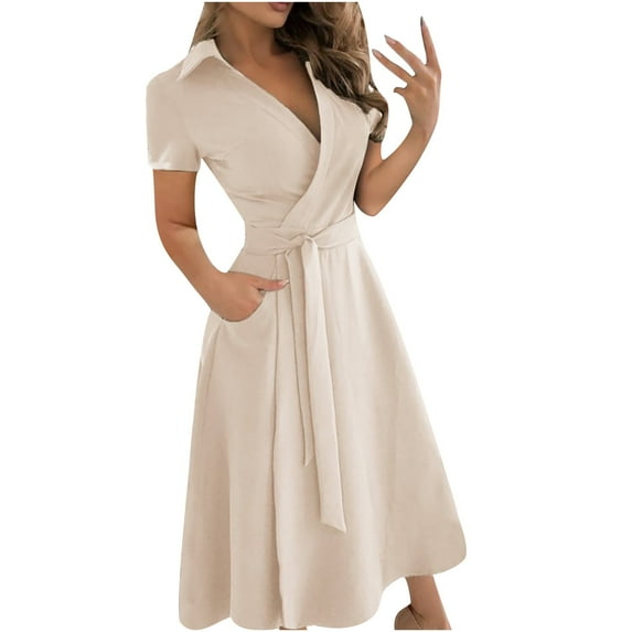AOOCHASLIY Clearance Womens Dresses Summer Women's Casual Loose Bandage Short Sleeve Solid V-Neck Ankle-Length Dress