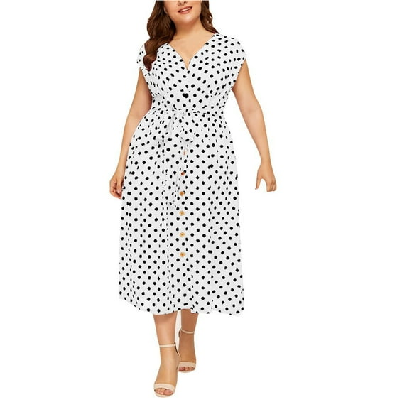 AOOCHASLIY Clearance Womens Dresses Summer Women's Casual Plus Size V-neck Sleeveless Polka Dot Printed Button Belt Dress