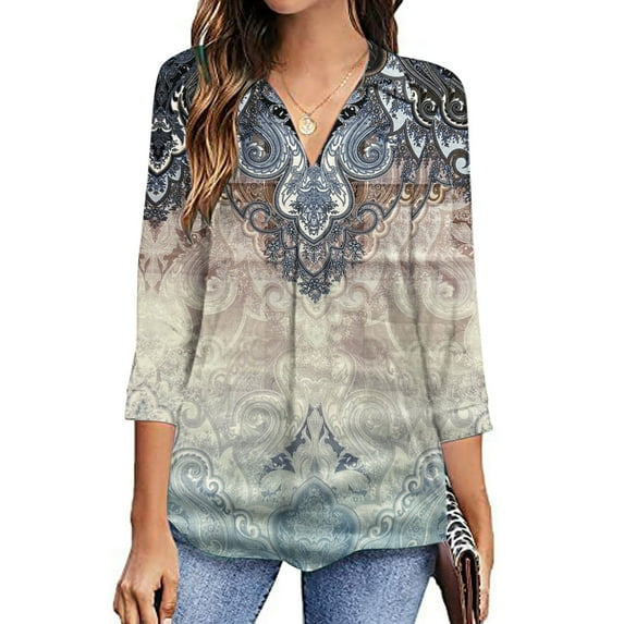 AOOCHASLIY Clothess Trendy Women Tops Women Loose 3/4 Sleeves T-shirt V Neck Blouse Casual Fashion Printed Tops