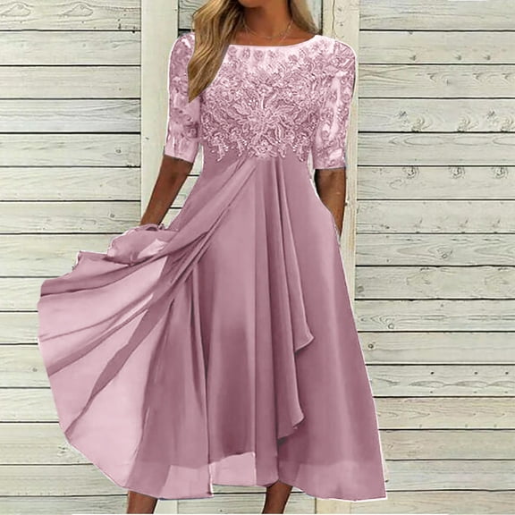 AOOCHASLIY Clothes Fall Dress Women Solid Breathable Half Sleeve Round Neck Soft Chiffon Mesh Waist Party Dresses