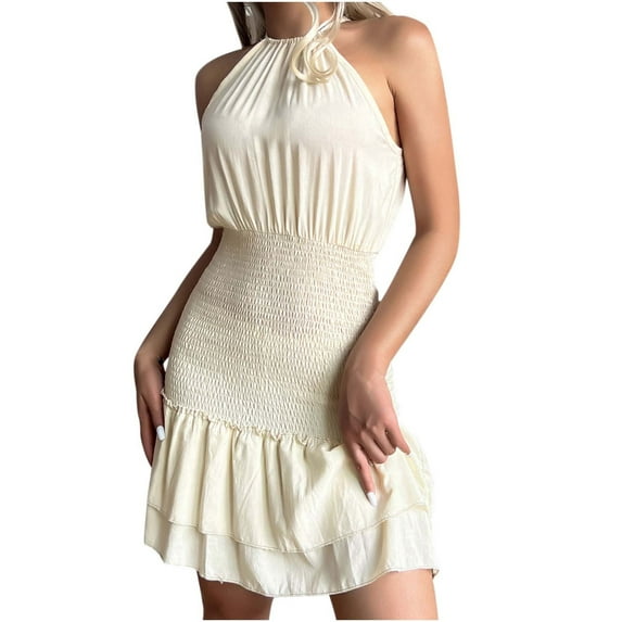AOOCHASLIY Clothes Ladies Summer Trendy Classic Casual Solid Color Elastic Halter Dress