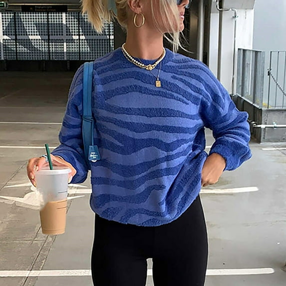 AOOCHASLIY Clothes Sweaters Women's Sweater Fashion Crew Neck Striped Warm Knit Women