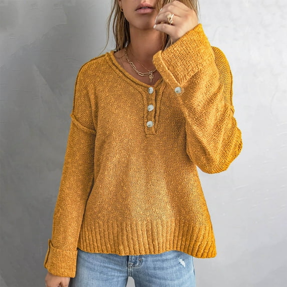 AOOCHASLIY Clothes Sweaters Womens Casual Soild Long Sleeve Button Knit Pullover V-neck Sweater