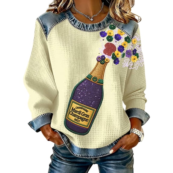 AOOCHASLIY Denim Shirt Women Color Block Crew Neck Knit Top Casual ...