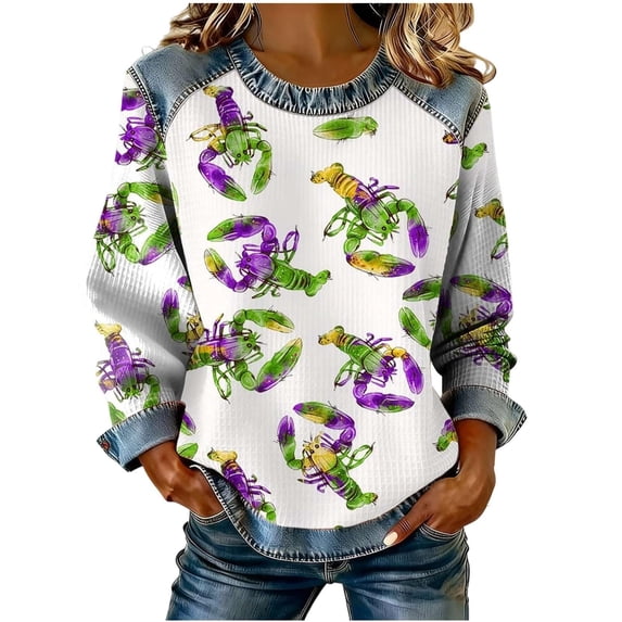 AOOCHASLIY Denim Shirt Women Color Block Crew Neck Knit Top Casual ...