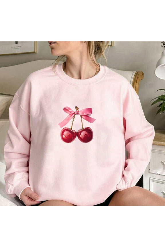Fall Big-Cute Cherry Print Womens Pullover Sweatshirt - Comfortable Long Sleeve Crew Neck for Everyday Fashion - Stylish Casual Wear