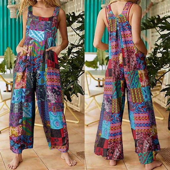 AOOCHASLIY Fall Clothes Pants Women's Affordable Floral Prints Straps Wide Leg with Pockets Vintage Jumpsuit