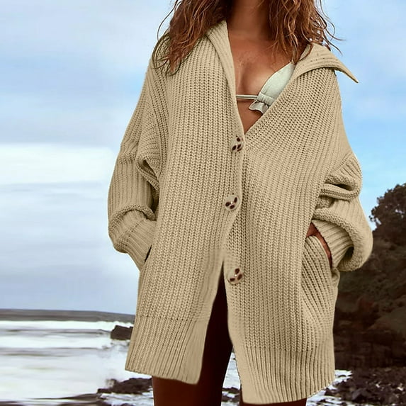 AOOCHASLIY Fall Clothes Fashion Women Winter Solid Fashion Casual Hollow Dough Twists Solid Button Knitting Cardigan Coat