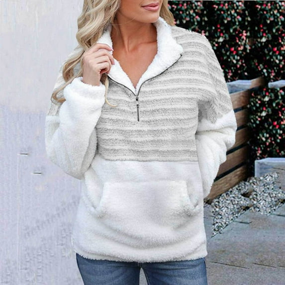 AOOCHASLIY Fall Clothes Ladies Fashion Plush V-Neck Zipper Long Sleeve Colorblock Thermal Sweater Jacket
