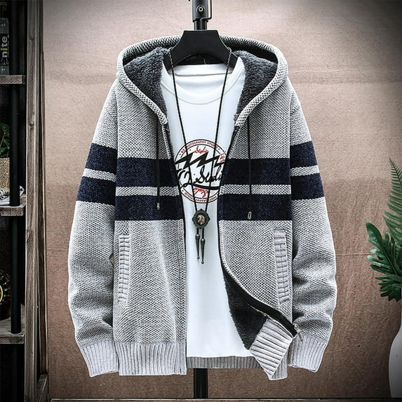 AOOCHASLIY Fall Clothes Men Casual Patchwork Long Sleeve Knitting Hooded Cardigan Zipper Sweater