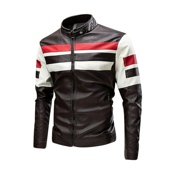 AOOCHASLIY Fall Clothes Men's Fashion Casual Versatile Color Contrast Stripe Plush Leather Jacket Motorcycle Windbreaker Long Sleeve Lapel Pocket Zippered Jacket Suit Coat