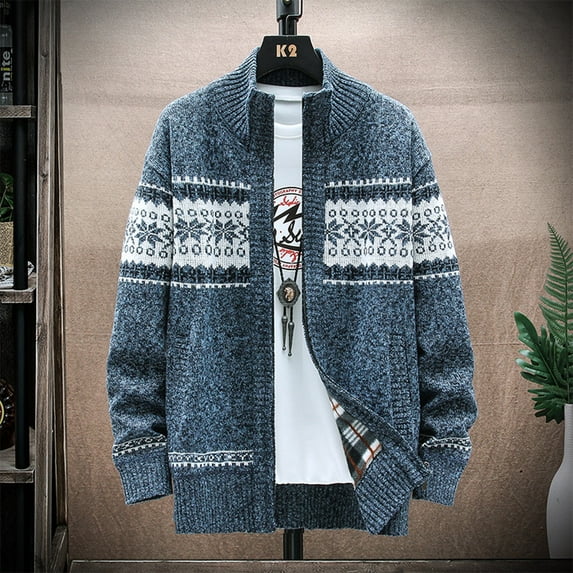 AOOCHASLIY Fall Clothes Men's Plus Velvet Loose Knit Sweater Casual Printed Cardigan