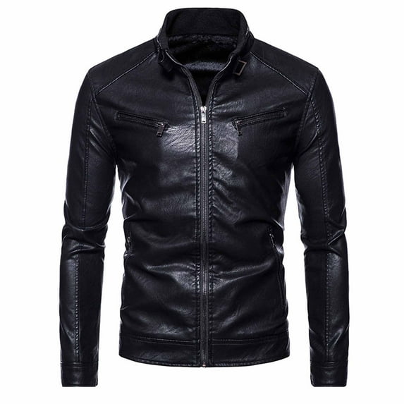 AOOCHASLIY Fall Clothes Men's Winter Long-sleeved Leather Motorcycle Jacket Zipper Coat Long Sleeve Hoodless Faux Leather Outwear Jackets