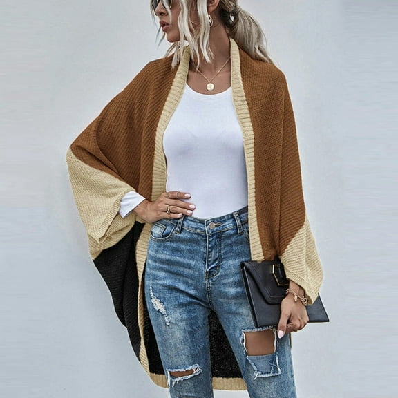 AOOCHASLIY Fall Clothes Women Fashion Casual Knitted Sweater Color Contrast Long Sleeve Cardigan Tops
