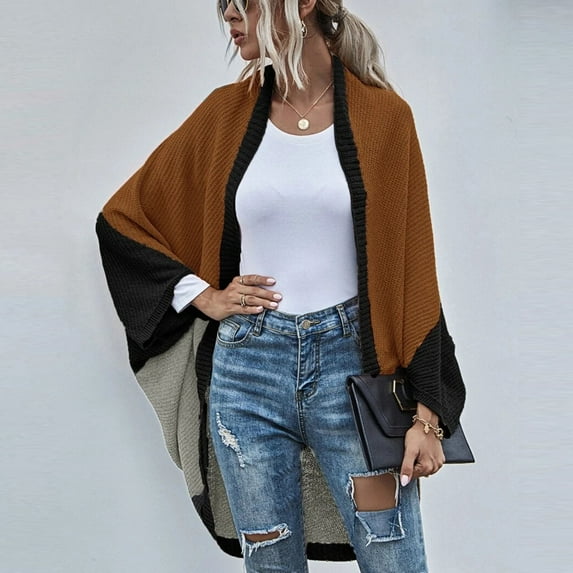 AOOCHASLIY Fall Clothes Women Fashion Casual Knitted Sweater Color Contrast Long Sleeve Cardigan Tops