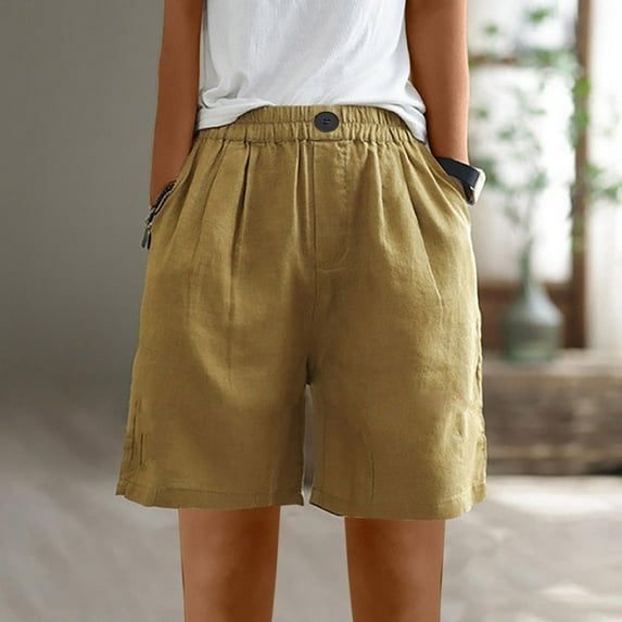 AOOCHASLIY Fall Clothes Women Pants Womens Summer Elastic High Waist Linen Pant Pockets Casual Shorts