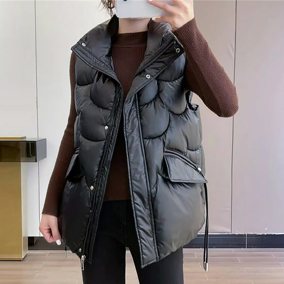 AOOCHASLIY Fall Clothes Women Pocket Vest Coat Jacket Winter Sleeveless Turn Down Collar Zipper Solid Outerwear Vest