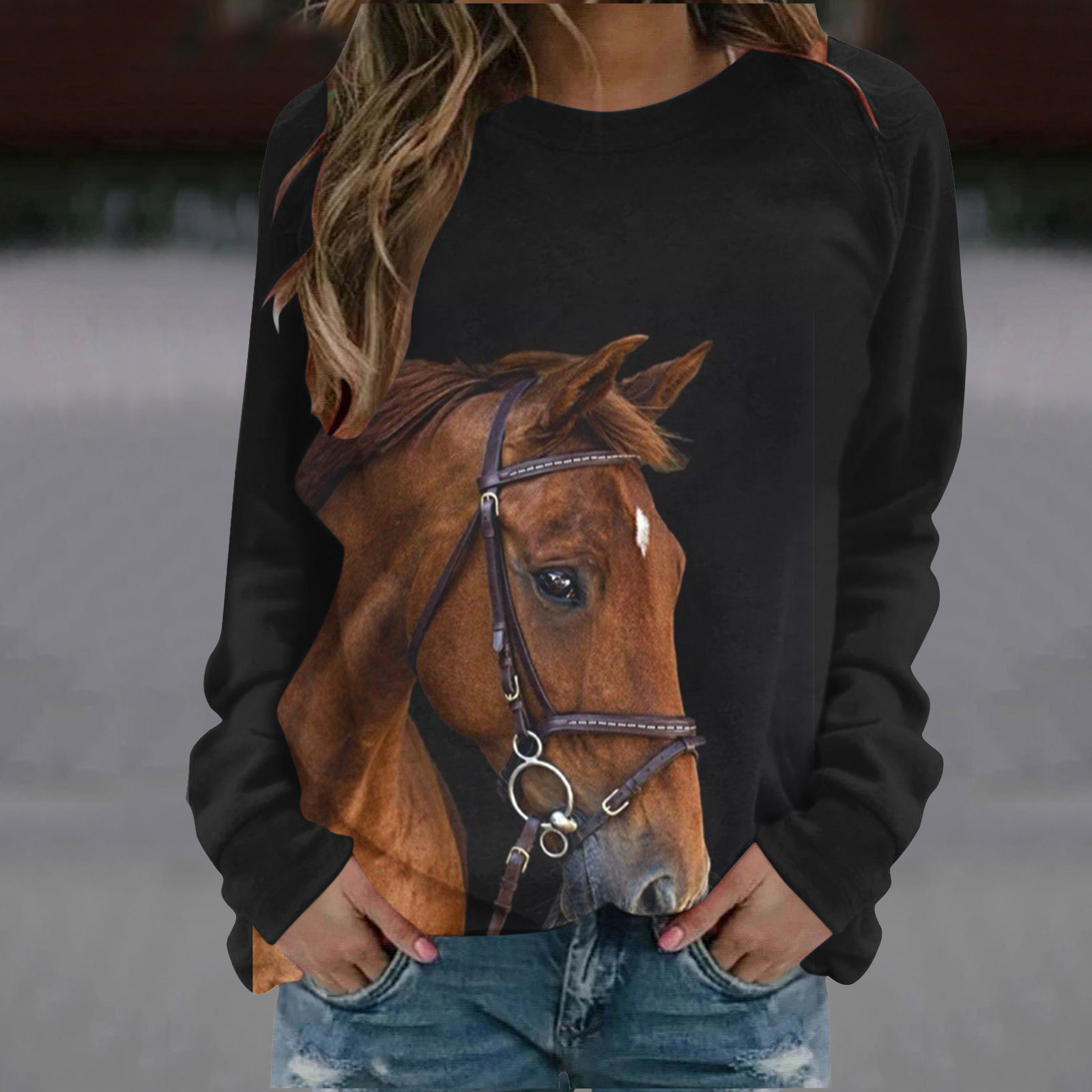 AOOCHASLIY Fall Clothes Women's Round Neck Horse Print Sweater Long