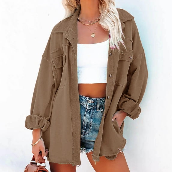 AOOCHASLIY Fall Clothes Womens Ladies Solid Turn Down Collar Jacket Pocket Sleeve Coat Outerwear