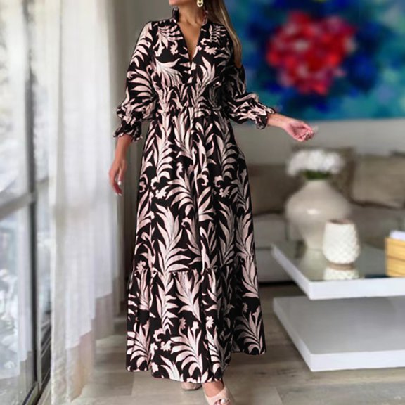 AOOCHASLIY Fall Casual Clothes,Fashion Women Casual Print V-Neck High Waist Long Sleeve Long Dress