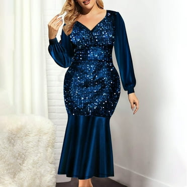 AOOCHASLIY Fall Savings Clearance,Women Fashion Elegant Sequins Deep V-neck Solid Color Long Sleeve Ruffled Evening Dress