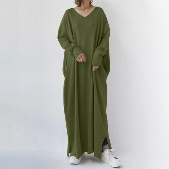 AOOCHASLIY Fall Savings Clearance,Women's Plus Size Casual Dress Solid Color V Neck Long Sleeve Winter Fall Basic Casual Maxi Long Dress Daily Vacation Dress