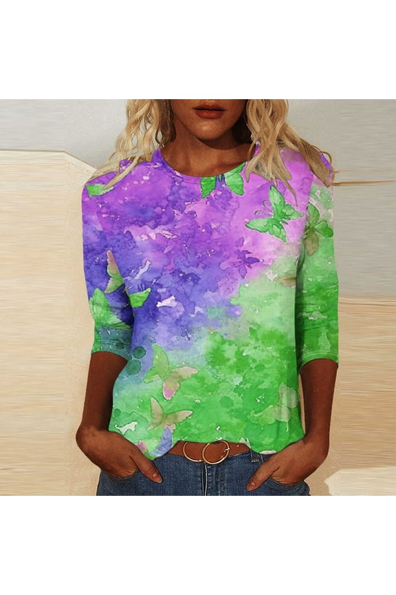 Fall Tops for Women Women's Printed Round Neck Split Sleeve 3/4 Sleeve Tee Butterfly Print Clashing Gradient Top