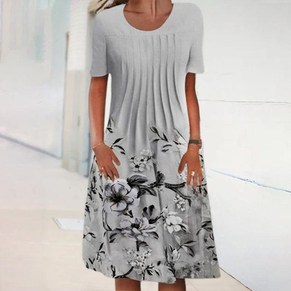 AOOCHASLIY Fashion Women Summer Casual Round-Neck Print Short Sleeve Loose Dress