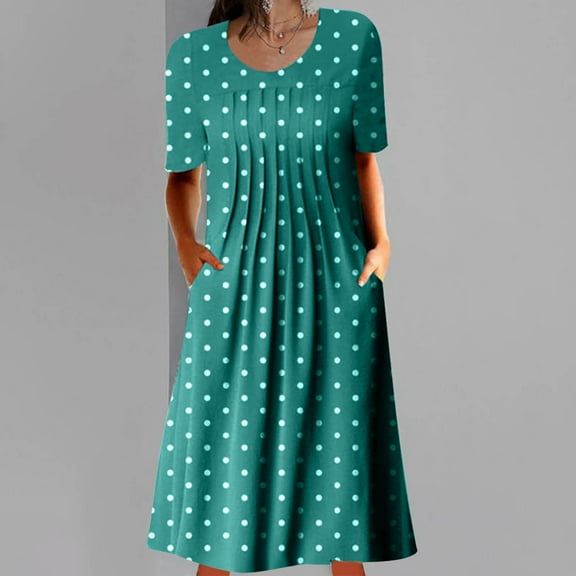 AOOCHASLIY Fashion Women Summer Casual Round-Neck Print Short Sleeve Loose Dress