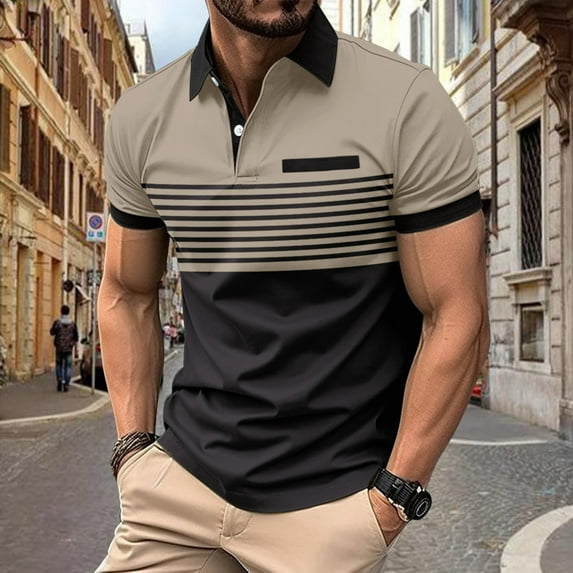 AOOCHASLIY Father's Day Gifts Men's Stripe Contrast Polo Shirts Short Sleeve Texture Lightweight Golf Shirts Tops