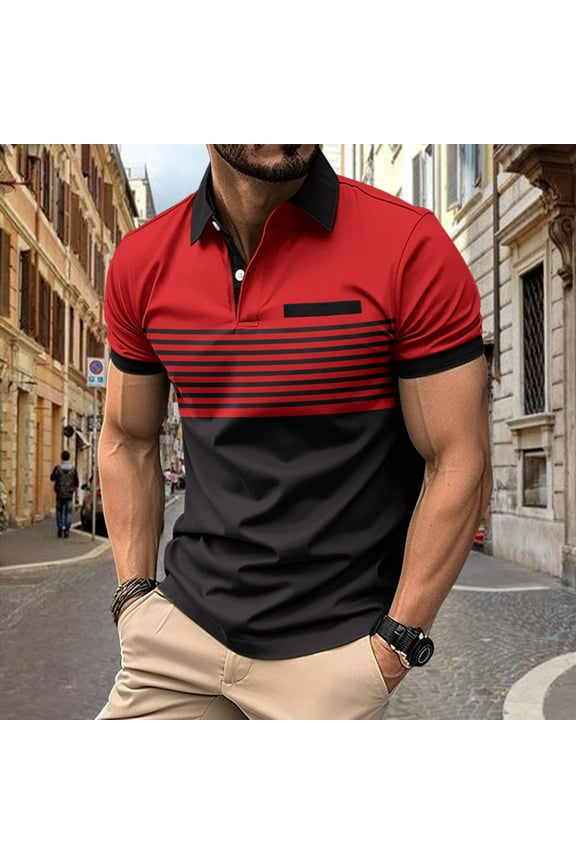 Father's Day Gifts Men's Stripe Contrast Polo Shirts Short Sleeve Texture Lightweight Golf Shirts Tops