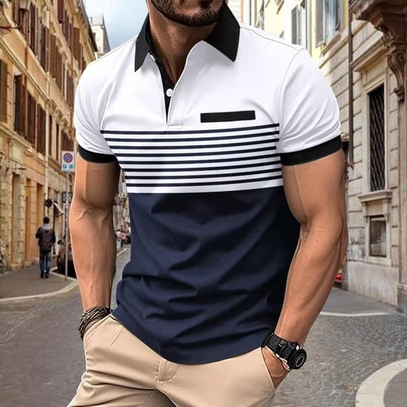AOOCHASLIY Father's Day Gifts Men's Stripe Contrast Polo Shirts Short Sleeve Texture Lightweight Golf Shirts Tops
