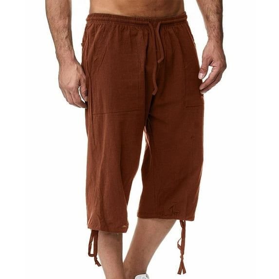 AOOCHASLIY Father's Day Gifts Mens Three-quarter Pants Linen Cotton Pants Casual Loose Fit Straight-Leg Lightweight Elastic Waist Beach Yoga Lounge Trousers for Men