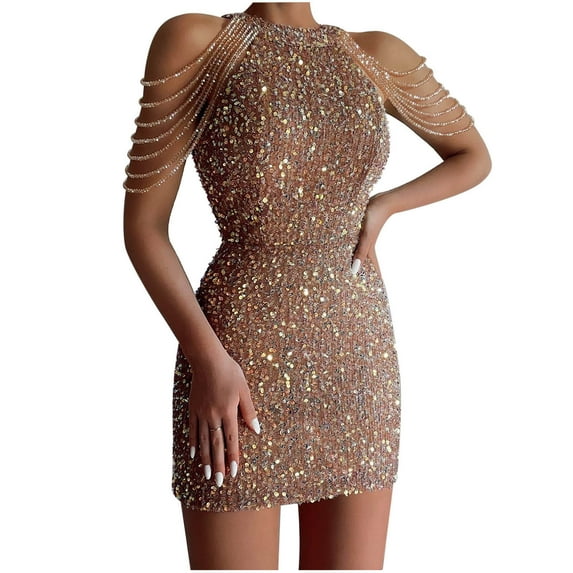 AOOCHASLIY Formal Dresses for Women Clearance Prom Dresses Cocktail Dress Crewneck Sequin Sleeveless Zipper Solid Mini Dress Party Dress Party Dresses