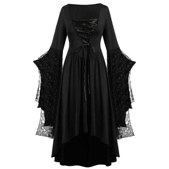 AOOCHASLIY Full Dress in Evening Women's Large Size Sleeve Skull Lace Print Fashion Long Sleeve Bandage Retro Dress