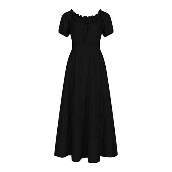 AOOCHASLIY Full Dress in Evening Women's Off Shoulder Lace Short Sleeve Solid Elastic Waist Vintage Dress