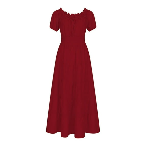 AOOCHASLIY Full Dress in Evening Women's Off Shoulder Lace Short Sleeve Solid Elastic Waist Vintage Dress