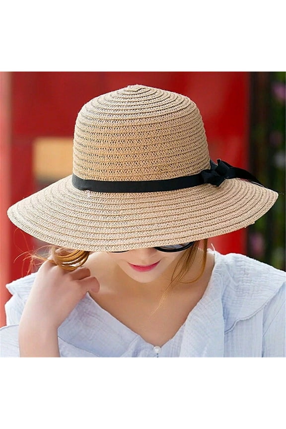 Hats for Women Clothes Summer Foldable Ladies Bowknot Straw Beach Sun Protection Hat Beige Wide Brim for Home Casual Work Play