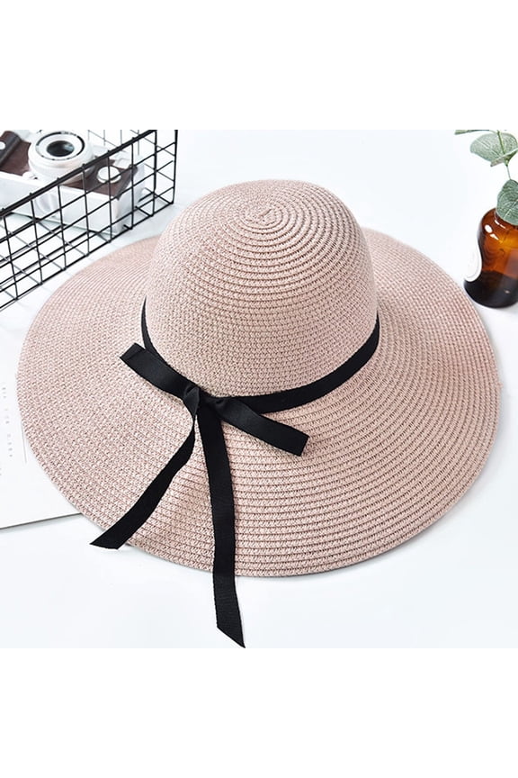 Hats for Women Sunhats Summer Foldable Ladies Bowknot Straw Beach Sun Protection Hat Beige Wide Brim for Vacation Party Outdoor