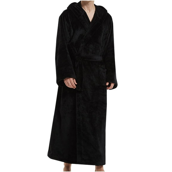 AOOCHASLIY House Eobes for Men Clothes Men Bath robes Solid Casual Extended Hooded Thickened Flannel Nightgown Homewear Bathrobe