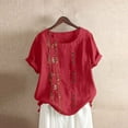 thumbnail image 1 of AOOCHASLIY Independence Day Linen Shirts for Women's Fashionable Cotton and Linen Short Sleeved Buttoned Tops Round Neck Foral Print T Shirt, 1 of 1