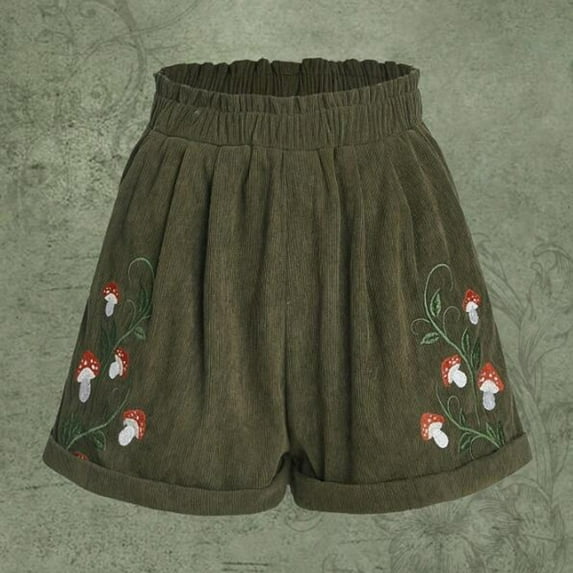 AOOCHASLIY Independence Day Pants Women Casual Shorts Mushroom green plant printing Comfy Elastic Waist Shorts Summer Tighten the Waist Short with Pockets(S-2XL)